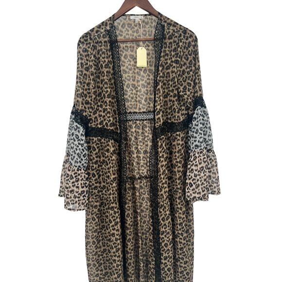 JODIFL Leopard Print Tiered Open Front Sheer Duster Women's Size Small NEW!!! - Picture 2 of 5